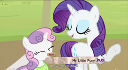 Size: 852x472 | Tagged: safe, screencap, character:rarity, character:sweetie belle, species:pony, species:unicorn, episode:sisterhooves social, g4, my little pony: friendship is magic, duo, duo female, eyes closed, female, filly, mare, meme, youtube caption