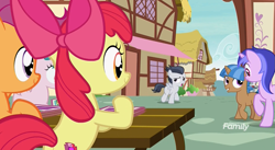 Size: 1181x647 | Tagged: safe, screencap, character:apple bloom, character:mocha berry, character:rumble, character:scootaloo, character:sea swirl, character:tulip swirl, species:earth pony, species:pegasus, species:pony, species:unicorn, episode:marks and recreation, g4, my little pony: friendship is magic, colt, discovery family logo, female, filly, foal, male, mare, ponyville