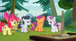 Size: 1177x647 | Tagged: safe, screencap, character:apple bloom, character:kettle corn, character:pipsqueak, character:rumble, character:scootaloo, character:skeedaddle, character:sweetie belle, species:earth pony, species:pegasus, species:pony, species:unicorn, episode:marks and recreation, g4, my little pony: friendship is magic, colt, cutie mark, cutie mark crusaders, cutie mark day camp, discovery family logo, female, filly, frown, horseshoes, male, the cmc's cutie marks