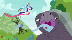 Size: 1280x720 | Tagged: safe, screencap, character:rainbow dash, character:rarity, character:spike, species:dragon, species:pegasus, species:pony, species:unicorn, episode:between dark and dawn, g4, my little pony: friendship is magic, apple, apple tree, giant tortoise, mr. tortoisnap, tortoise, tree