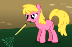 Size: 413x271 | Tagged: safe, screencap, character:cherry berry, species:earth pony, species:pony, episode:swarm of the century, g4, my little pony: friendship is magic, background pony, cropped, female, frown, mare, mouth hold, rake, solo