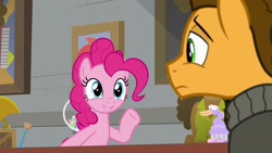 Size: 1920x1080 | Tagged: safe, screencap, character:cheese sandwich, character:pinkie pie, species:pony, episode:the last laugh, g4, my little pony: friendship is magic, alternate hairstyle, clothing, sweater, turtleneck