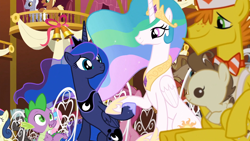 Size: 1920x1080 | Tagged: safe, screencap, character:bon bon, character:button mash, character:carrot cake, character:jeff letrotski, character:liquid button, character:lotus blossom, character:meadow song, character:pound cake, character:princess celestia, character:princess luna, character:roseluck, character:ruby pinch, character:spike, character:sweetie drops, character:thunderlane, species:alicorn, species:dragon, species:earth pony, species:pony, episode:slice of life, g4, my little pony: friendship is magic, baby, baby pony, female, male, mare, ponyville, royal sisters, sibling bonding, siblings, sisters, sitting, smiling