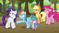 Size: 1920x1080 | Tagged: safe, screencap, character:applejack, character:pinkie pie, character:rainbow dash, character:rarity, character:spike, species:dragon, species:earth pony, species:pegasus, species:pony, species:unicorn, episode:between dark and dawn, g4, my little pony: friendship is magic, apple, apple tree, applejack's hat, baby, baby dragon, claws, clothing, cowboy hat, cringing, displeased, female, folded wings, freckles, hat, looking up, male, mare, messy, narrowed eyes, pinkie pie is not amused, pointing, ponytail, rainbow dash is not amused, raised eyebrow, spread wings, stetson, sweet apple acres, tied tail, tree, unamused, winged spike, wings
