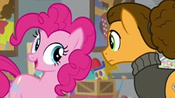 Size: 1920x1080 | Tagged: safe, screencap, character:cheese sandwich, character:pinkie pie, species:pony, episode:the last laugh, g4, my little pony: friendship is magic, alternate hairstyle, clothing, sweater, turtleneck