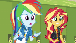 Size: 1920x1080 | Tagged: safe, screencap, character:fluttershy, character:rainbow dash, character:sunset shimmer, character:twilight sparkle, character:twilight sparkle (scitwi), species:eqg human, equestria girls:holidays unwrapped, g4, my little pony:equestria girls, animated, canterlot high, crossed arms, flinch, frown, geode of empathy, geode of fauna, geode of super speed, geode of telekinesis, glasses, hairpin, hallway, lockers, looking at someone, magical geodes, o come all ye squashful, ponytail, pun, raised eyebrow, smiling, sound, talking, unhappy, upset, webm