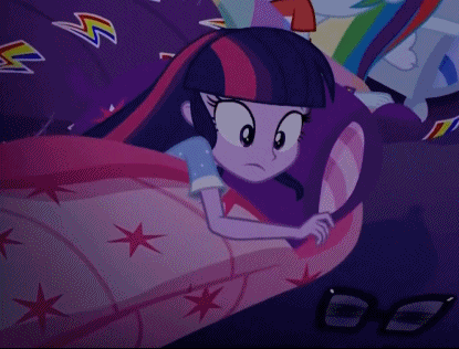 Size: 415x316 | Tagged: safe, screencap, character:rainbow dash, character:twilight sparkle, character:twilight sparkle (scitwi), species:eqg human, equestria girls:sunset's backstage pass, g4, my little pony:equestria girls, animated, cropped, earthquake, gif, loose hair, missing accessory, no glasses, sleeping, sleeping bag, solo focus
