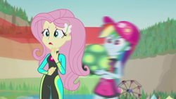 Size: 1920x1080 | Tagged: safe, screencap, character:fluttershy, character:rainbow dash, character:tank, my little pony:equestria girls, aww... baby turtles, baseball cap, beach, board shorts, cap, clothing, cute, duo, duo female, female, ferris wheel, geode of fauna, hat, magical geodes, motion blur, shyabetes, swimsuit, tortoise, wetsuit