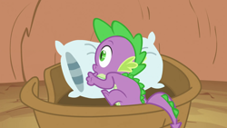 Size: 1920x1080 | Tagged: safe, screencap, character:spike, species:dragon, episode:magical mystery cure, g4, my little pony: friendship is magic, basket, cropped, golden oaks library, male, pillow, solo, thumb sucking