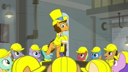 Size: 1920x1080 | Tagged: safe, screencap, character:cheese sandwich, species:earth pony, species:pony, episode:the last laugh, g4, my little pony: friendship is magic, background pony, bipedal, cane, clothing, giggleberry, hard hat, hat, lavender chuckle, male, pun twirl, stallion, suit, summermint, top hat, unnamed pony