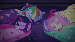 Size: 1920x1080 | Tagged: safe, screencap, character:fluttershy, character:pinkie pie, character:rainbow dash, character:twilight sparkle, character:twilight sparkle (scitwi), species:eqg human, equestria girls:sunset's backstage pass, g4, my little pony:equestria girls, eyes closed, female, glasses, pillow, quartet, rv, sleeping, sleeping bag