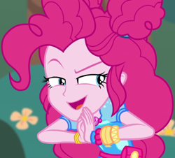 Size: 1196x1080 | Tagged: safe, screencap, character:pinkie pie, episode:accountibilibuddies, g4, my little pony:equestria girls, accountibilibuddies: pinkie pie, clothing, cropped, devious, devious smile, geode of sugar bombs, hands together, jewelry, lidded eyes, magical geodes, wristband