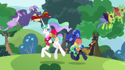 Size: 1920x1080 | Tagged: safe, screencap, character:capper dapperpaws, character:garble, character:princess celestia, character:princess luna, character:prominence, species:alicorn, species:anthro, species:changeling, species:dragon, species:pony, species:reformed changeling, episode:between dark and dawn, g4, my little pony: friendship is magic, cat, dragoness, female, male, mare, trotting, vex