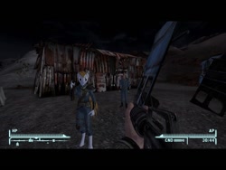 Size: 1152x864 | Tagged: safe, screencap, oc, oc only, oc:littlepip, species:anthro, 3d, boone, fallout: new vegas, gun, looking at you, pipboy, shotgun, weapon