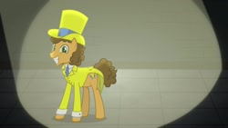 Size: 1920x1080 | Tagged: safe, screencap, character:cheese sandwich, species:pony, episode:the last laugh, g4, my little pony: friendship is magic, clothing, cutie mark, floor, grin, hat, necktie, smiling, solo, teeth