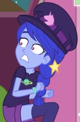 Size: 433x661 | Tagged: safe, screencap, episode:five lines you need to stand in, g4, my little pony:equestria girls, clothing, cropped, hat, space camp (character), startled, terrified