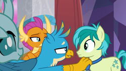 Size: 1920x1080 | Tagged: safe, screencap, character:gallus, character:ocellus, character:sandbar, character:smolder, species:changedling, species:changeling, species:dragon, species:earth pony, species:griffon, species:pony, species:reformed changeling, episode:she's all yak, g4, my little pony: friendship is magic, amused, blank stare, bow tie, claws, confused, crossed arms, curved horn, cute, cutie mark, dragoness, female, folded wings, frown, horn, horns, lidded eyes, lip bite, male, pulling, smiling, smirk, talons, teasing, teenaged dragon, teenager, wings