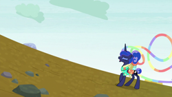 Size: 1920x1080 | Tagged: safe, screencap, character:princess luna, species:alicorn, species:pony, episode:between dark and dawn, g4, my little pony: friendship is magic, clothing, hawaiian shirt, ponytail, saddle bag, shirt, solo, tail bun