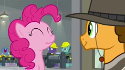 Size: 1920x1080 | Tagged: safe, screencap, character:cheese sandwich, character:pinkie pie, species:earth pony, species:pony, episode:the last laugh, g4, my little pony: friendship is magic, background pony, clothing, duo focus, female, hard hat, hat, male, mare, smiling, stallion, unnamed pony