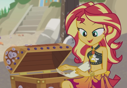 Size: 1437x995 | Tagged: safe, screencap, character:sunset shimmer, episode:x marks the spot, g4, my little pony:equestria girls, beach, belly button, bikini, clothing, cropped, cute, female, geode of empathy, magical geodes, midriff, sarong, shimmerbetes, sleeveless, smiling, swimsuit, treasure chest, treasure map