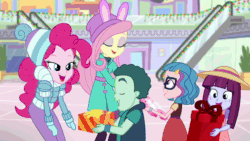 Size: 1920x1080 | Tagged: safe, screencap, character:fluttershy, character:pinkie pie, equestria girls:holidays unwrapped, g4, my little pony:equestria girls, animated, bunny ears, child, children, clothing, cute, dropped, escalator, gift box, glasses, happy, holiday decorations, kimberlite, mint chip, oh no, phew, pinkie's magic hair, present, sad, shopping mall, smiling, sound, technicolor waves, webm, winter outfit