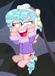Size: 324x442 | Tagged: safe, screencap, character:cozy glow, species:pegasus, species:pony, episode:frenemies, g4, my little pony: friendship is magic, bow, clothing, cozy glow is best facemaker, cropped, faec, female, filly, flying, foal, hooves on cheeks, open mouth, smiling, solo, tail bow