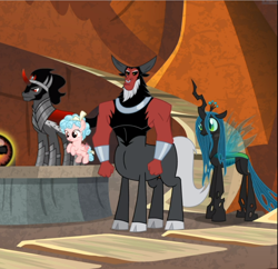 Size: 884x856 | Tagged: safe, screencap, character:cozy glow, character:king sombra, character:lord tirek, character:queen chrysalis, species:centaur, species:changeling, species:pegasus, species:pony, species:unicorn, episode:the beginning of the end, g4, my little pony: friendship is magic, bow, cape, changeling queen, clothing, cloven hooves, colored hooves, colored horn, cropped, curved horn, female, filly, flying, group, hair bow, horn, legion of doom, male, nose piercing, nose ring, piercing, stallion