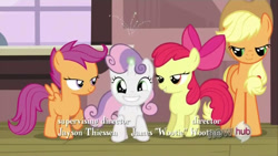Size: 854x480 | Tagged: safe, screencap, character:apple bloom, character:applejack, character:scootaloo, character:sweetie belle, species:pegasus, species:pony, horngasm, lidded eyes, out of context, sparking horn
