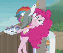 Size: 1076x903 | Tagged: safe, screencap, character:pinkie pie, species:bird, species:seagull, episode:too hot to handle, g4, my little pony:equestria girls, beach, clothing, cropped, faec, female, geode of sugar bombs, legs, magical geodes, outdoors, sleeveless, snow cone, snowcone, swimsuit, tray