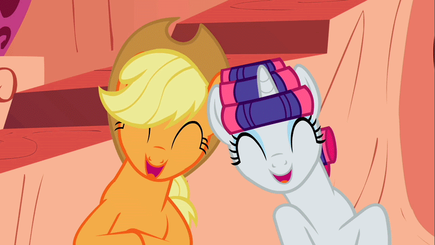 Size: 853x480 | Tagged: safe, screencap, character:applejack, character:rarity, species:earth pony, species:pony, species:unicorn, episode:look before you sleep, g4, my little pony: friendship is magic, animated, duo, duo female, eyes closed, female, golden oaks library, hair curlers, laughing, makeover, mare