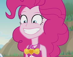 Size: 1371x1080 | Tagged: safe, screencap, character:pinkie pie, episode:friendship math, g4, my little pony:equestria girls, beach, clothing, cropped, faec, female, geode of sugar bombs, grin, magical geodes, outdoors, smiling, solo, swimsuit, wide eyes