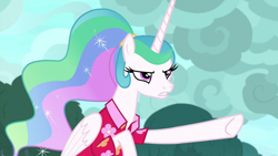 Size: 1920x1080 | Tagged: safe, screencap, character:princess celestia, species:alicorn, species:pony, episode:between dark and dawn, g4, my little pony: friendship is magic, alternate hairstyle, angry, barehoof, celestia is not amused, clothing, ethereal mane, female, flowing mane, folded wings, hawaiian shirt, mare, narrowed eyes, pointing, ponytail, shirt, solo, unamused, wings