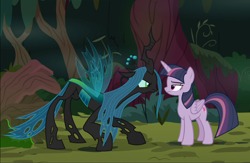Size: 1334x871 | Tagged: safe, screencap, character:mean twilight sparkle, character:queen chrysalis, species:changeling, episode:the mean 6, g4, my little pony: friendship is magic, cropped, crouching, duo, looking at each other, staring contest