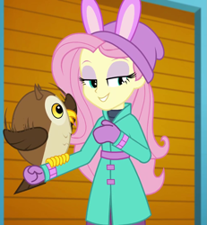 Size: 997x1080 | Tagged: safe, screencap, character:fluttershy, species:bird, species:owl, equestria girls:holidays unwrapped, g4, my little pony:equestria girls, chad (owl), clothing, coat, cropped, cute, female, fluttershy's winter hat, gloves, hat, lidded eyes, mittens, self-storage facility, shyabetes, winter break-in, winter coat, winter outfit