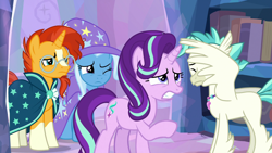 Size: 1920x1080 | Tagged: safe, screencap, character:starlight glimmer, character:sunburst, character:terramar, character:trixie, species:hippogriff, species:pony, episode:student counsel, treehouse of harmony