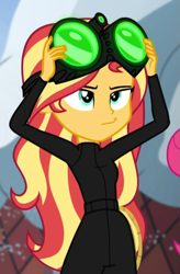 Size: 543x826 | Tagged: safe, screencap, character:sunset shimmer, equestria girls:holidays unwrapped, g4, my little pony:equestria girls, catsuit, cropped, female, goggles, imagine spot, night vision goggles, solo, stealth suit, winter break-in