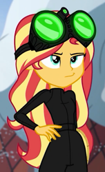 Size: 500x824 | Tagged: safe, screencap, character:sunset shimmer, equestria girls:holidays unwrapped, g4, my little pony:equestria girls, catsuit, cropped, female, goggles, imagine spot, night vision goggles, solo, stealth suit, winter break-in