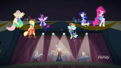 Size: 1366x768 | Tagged: safe, screencap, character:applejack, character:flash sentry, character:fluttershy, character:pinkie pie, character:rainbow dash, character:rarity, character:ringo, character:sandalwood, character:twilight sparkle, character:twilight sparkle (scitwi), species:eqg human, episode:cheer you on, g4, my little pony:equestria girls, backstage, channel, clothing, discovery family, discovery family logo, drums, eyes closed, female, guitar, humane five, humane six, male, musical instrument, piano, ponied up, ringo, scene, stage, super ponied up, transformation, wings