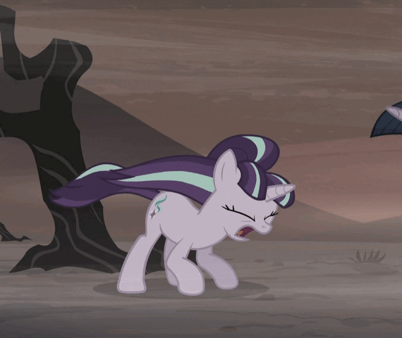 Size: 570x480 | Tagged: safe, screencap, character:starlight glimmer, character:twilight sparkle, character:twilight sparkle (alicorn), species:alicorn, species:pony, species:unicorn, episode:the cutie re-mark, alternate timeline, angry, animated, ashlands timeline, barren, cropped, duo, gif, implied genocide, jumping, post-apocalyptic, s5 starlight, wasteland, windswept mane