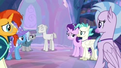Size: 1920x1080 | Tagged: safe, screencap, character:mudbriar, character:silverstream, character:starlight glimmer, character:sunburst, character:terramar, character:trixie, species:classical hippogriff, species:hippogriff, species:pony, species:unicorn, episode:student counsel, female, male, mare, petrification, quadrupedal, rockbriar, stallion, treehouse of harmony