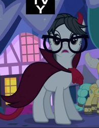 Size: 726x930 | Tagged: safe, screencap, character:raven inkwell, character:sunshower raindrops, species:pony, species:unicorn, episode:luna eclipsed, g4, my little pony: friendship is magic, cape, clothing, costume, cropped, demon, devil costume, devil horns, female, glasses, mare, nightmare night, tv rating, tv-y