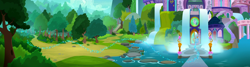 Size: 4040x1080 | Tagged: safe, screencap, character:rainbow dash, species:pegasus, species:pony, episode:the end in friend, g4, my little pony: friendship is magic, bush, cloud, forest, glitter, lake, mountain, nature, panorama, path, rock, scenery, school of friendship, sky, stairs, tree, waterfall