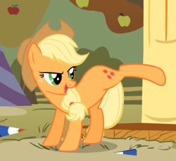Size: 791x726 | Tagged: safe, screencap, character:applejack, species:earth pony, species:pony, episode:fall weather friends, g4, my little pony: friendship is magic, bucking, cropped, female, freckles, looking back, mare, open mouth, raised hoof, smiling, solo