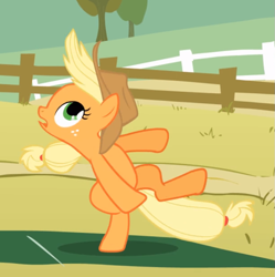 Size: 795x797 | Tagged: safe, screencap, character:applejack, species:earth pony, species:pony, episode:fall weather friends, g4, my little pony: friendship is magic, bipedal, cropped, female, freckles, looking up, mare, open mouth, raised leg, silly, silly pony, solo, standing, standing on one leg, who's a silly pony