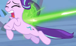 Size: 911x561 | Tagged: safe, screencap, character:starlight glimmer, species:pony, species:unicorn, episode:the ending of the end, g4, my little pony: friendship is magic, blast, implied queen chrysalis, magic, magic blast, offscreen character, ouch, solo, you know for kids