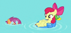 Size: 292x136 | Tagged: safe, screencap, character:apple bloom, character:scootaloo, species:earth pony, species:pegasus, species:pony, episode:twilight time, g4, my little pony: friendship is magic, adorable face, adorabloom, bow, cute, happy, on back, peek, picture for breezies, pool toy, popping out, smiling, swimming, swimming pool, water, wet mane