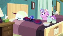 Size: 1920x1080 | Tagged: safe, screencap, character:nurse sweetheart, character:princess luna, species:pony, species:unicorn, episode:between dark and dawn, g4, my little pony: friendship is magic, bed, female, hospital, mare, pillow, race swap, sunburn, tail bun