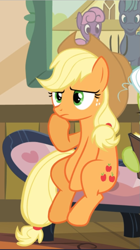 Size: 527x941 | Tagged: safe, screencap, character:applejack, character:granny smith, species:earth pony, species:pony, episode:apple family reunion, g4, my little pony: friendship is magic, cropped, female, mare, offscreen character, sitting, solo, thinking