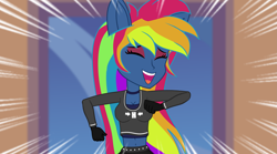 Size: 4321x2409 | Tagged: safe, artist:galacticflashd, screencap, character:evil pie hater dash, character:rainbow dash, episode:run to break free, episode:secrets and pies, g4, my little pony: friendship is magic, my little pony:equestria girls, adorapiehater, breasts, busty rainbow dash, clothing, cute, eyes closed, eyeshadow, female, gloves, long gloves, makeup, running, scene interpretation, short shirt, show accurate, singing, skirt, solo
