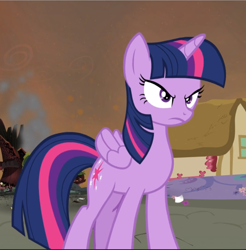 Size: 925x941 | Tagged: safe, screencap, character:twilight sparkle, character:twilight sparkle (alicorn), species:alicorn, species:pony, episode:twilight's kingdom, g4, my little pony: friendship is magic, angry, cropped, determined, female, folded wings, frown, furious, glare, golden oaks library, looking at someone, mare, narrowed eyes, ruins, smoke, solo, twilight is not amused, unamused